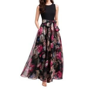 Eliza J Formal Floral Long Maxi Dress 16W Organza Fit And Flare Feminine Bow